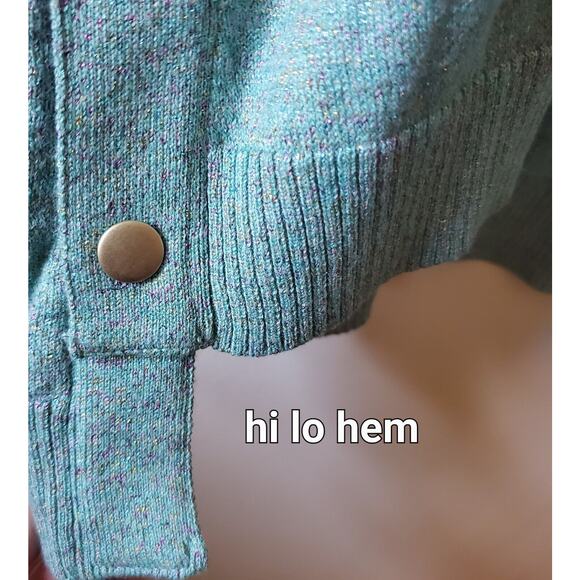 Soho Jeans Women L Teal Sweater Snaps Metallic Thread Hi-Lo Hem Mermaid Colors - Picture 7 of 11